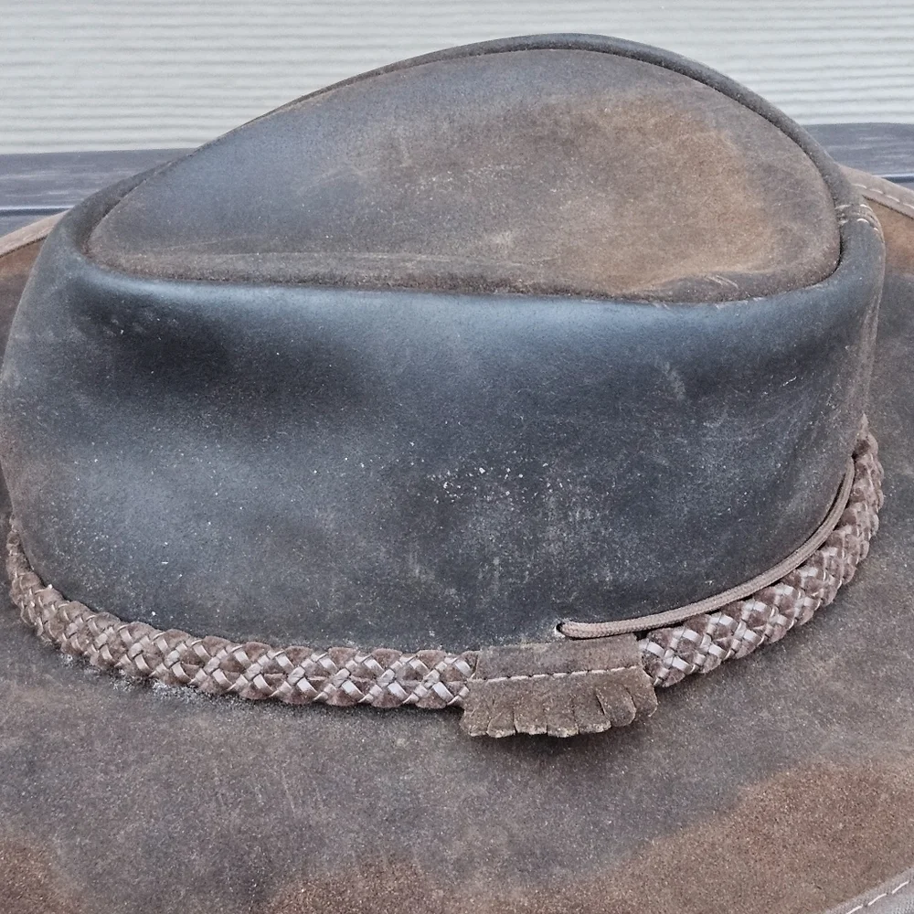 Zephyr Outback Western Rancher Hat Smooth Brown Leather w/ Chin Strap Vintage M